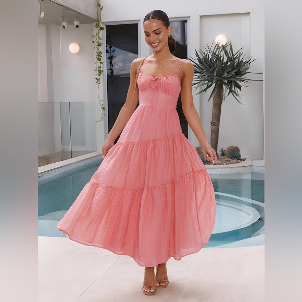Commense Back Smocking Design Tiered Cami Long Dress